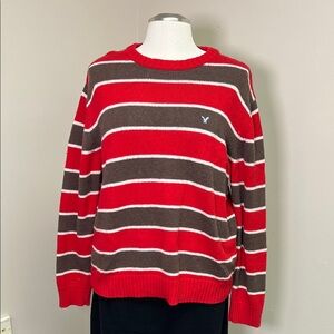 American Eagle Y2K Red Brown Striped Crew Neck Pullover Cotton Wool Sweater L